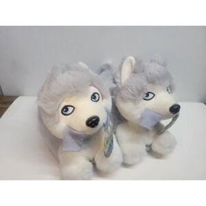 American Eagle Plush Husky Dog Slippers Faux Fur Gray‎ White Blue Eyes sz S/M